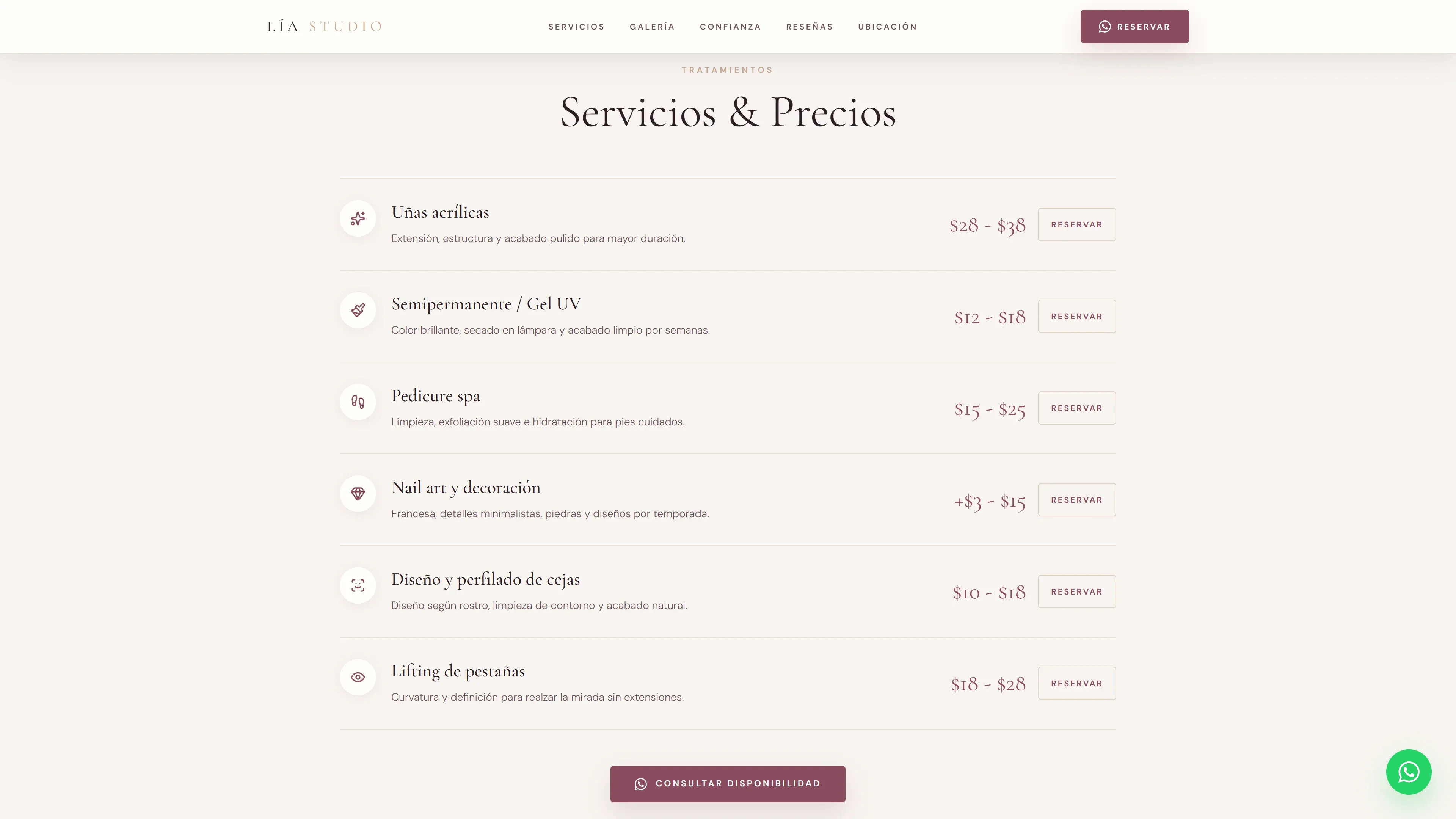 Preview de landing para estudio de belleza