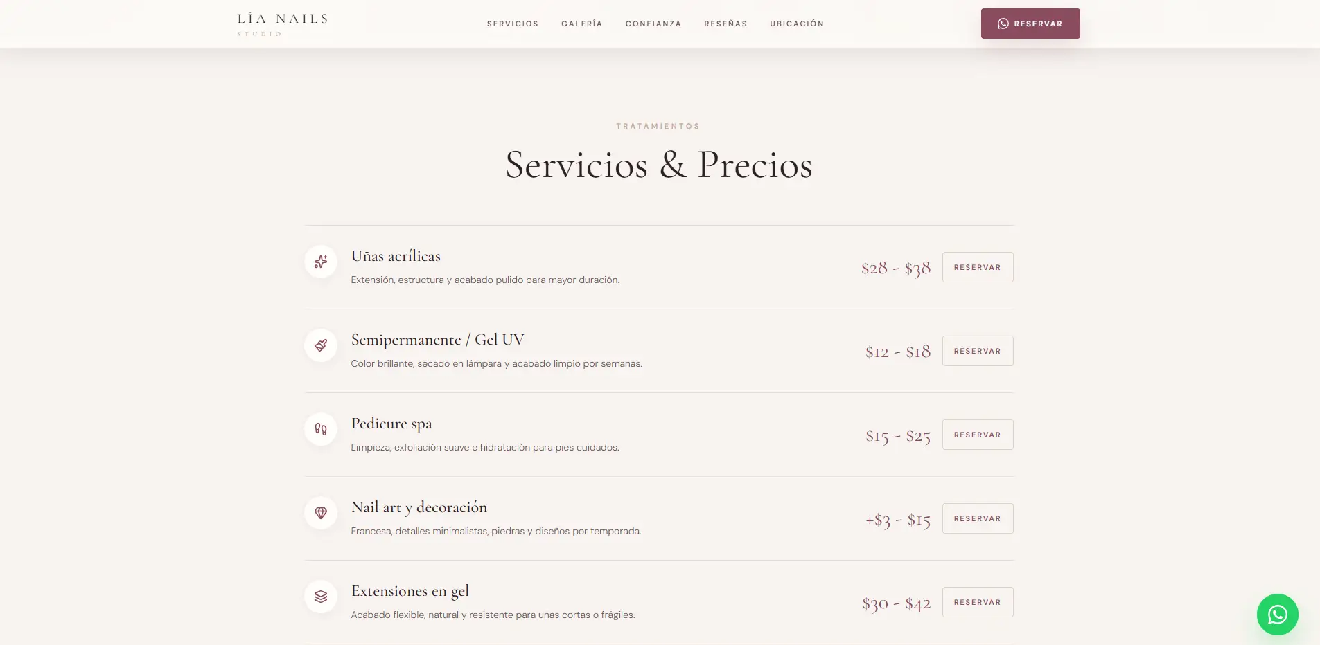 Preview de landing para estudio de belleza